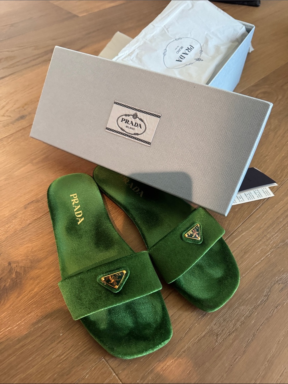 Authentic 100% Prada Emerald Green Velvet Slide Sandals with Gold Logo